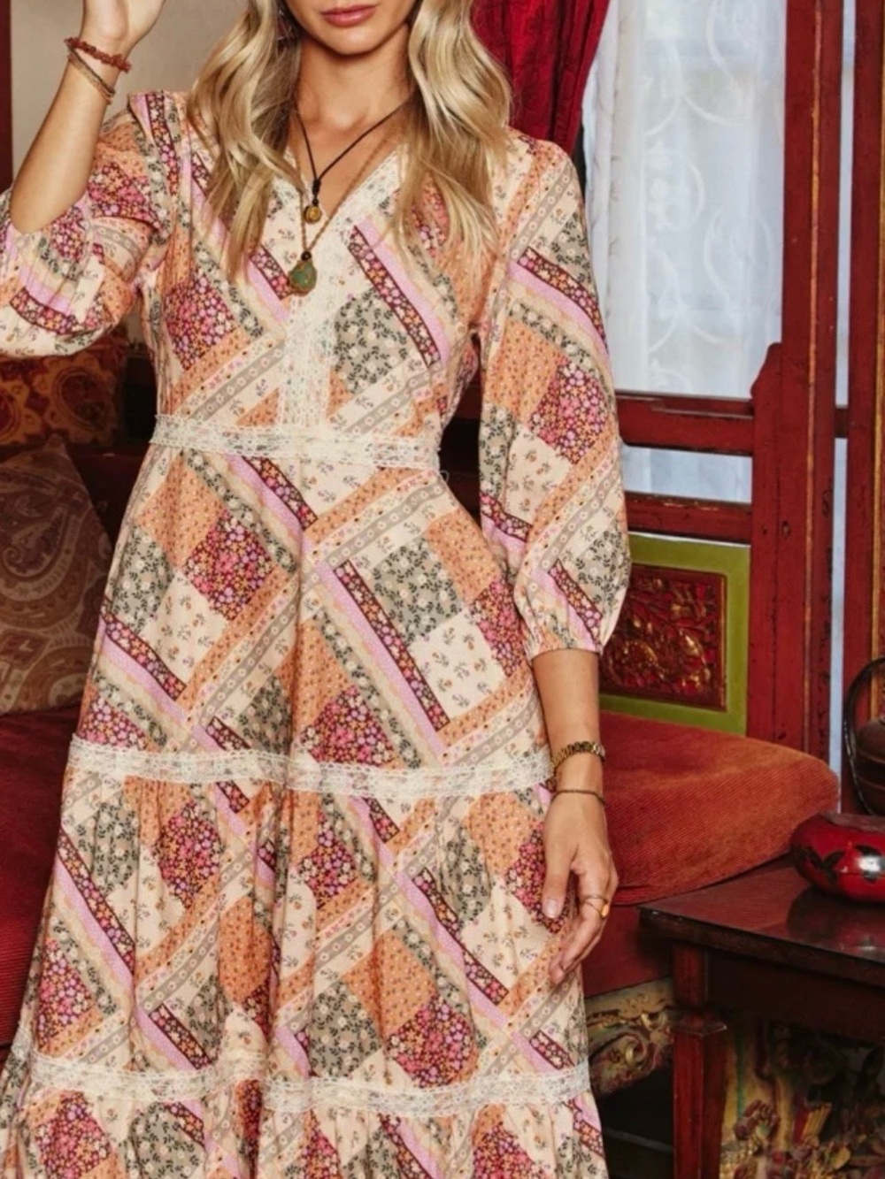 Hayden Peach and Pink Patchwork Midi Dress